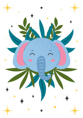 Cover with elephant. Large animal with ears and trunk against background of grass and stars. Predator and mammal. Wild life and African Savannah. Cartoon flat vector illustration