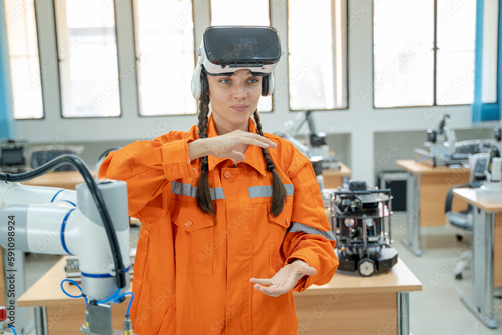Aufkleber Engineer are using virtual AR to maintain of human robot and CNC machine at the 4.0 Smart Factory.