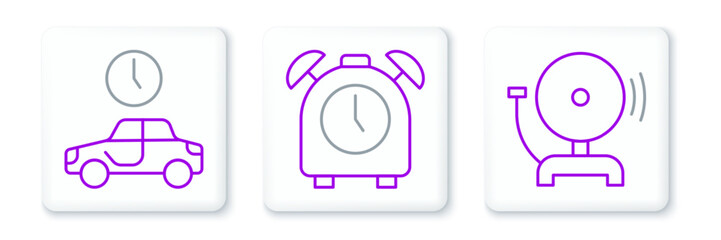 Set line Ringing alarm bell, Time to travel and Alarm clock icon. Vector