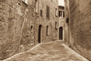 Italy. Tuscany region. Montepulciano town. In Sepia toned. Retro style