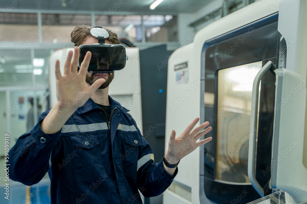 Aufkleber Engineer are using virtual AR to maintain of human robot and CNC machine at the 4.0 Smart Factory.
