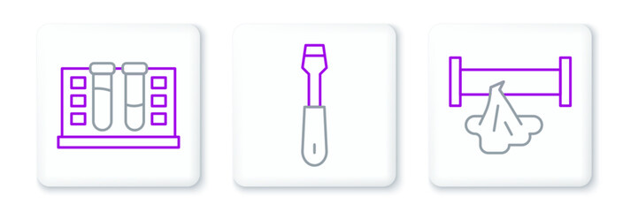 Set line Broken pipe, Test tube with water drop and Screwdriver icon. Vector