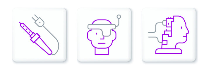 Set line Robot for maintenance, Soldering iron and Smart glasses icon. Vector