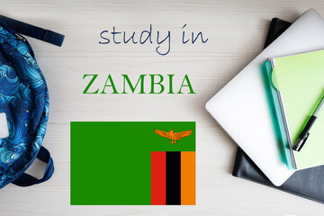 Study in Zambia. Background with notepad, laptop and backpack. Education concept.
