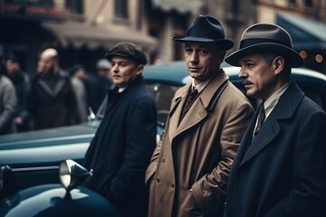 Mafia people in suits with cars. Ai. Retro vintage gangsters