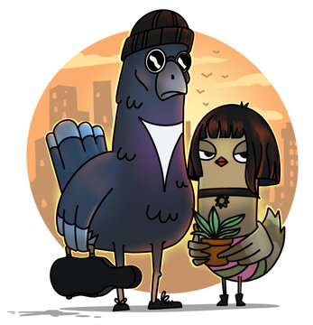 Leon and Mathilda fan art. Doves edition. "Professional" scene of the movie. Coloring illustration in cartoon style.