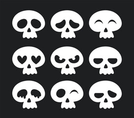 Cute skulls set. Social media sticker for Halloween and Day of Dead, Dia de los muertos. Emotion and emoji with skeleton, ghost face. Cartoon flat vector illustrations isolated on black background