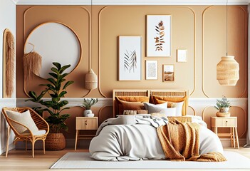 Gallery wall mockup in bright bedroom interior background with rattan wooden furniture, 3d render. Generative AI