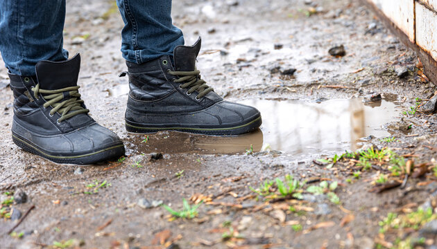 A man in jeans and boots walks through the swamp in rainy weather.