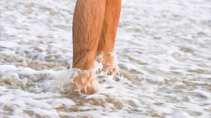 Men legs in the foaming water close up
