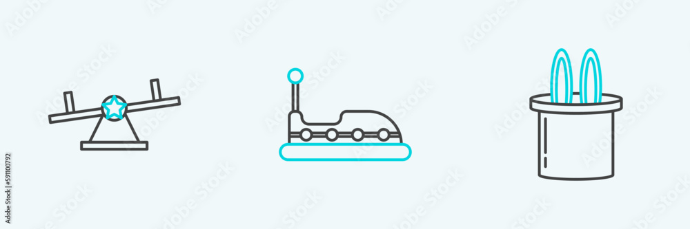 Wall mural Set line Magician hat and rabbit ears, Seesaw and Bumper car icon. Vector