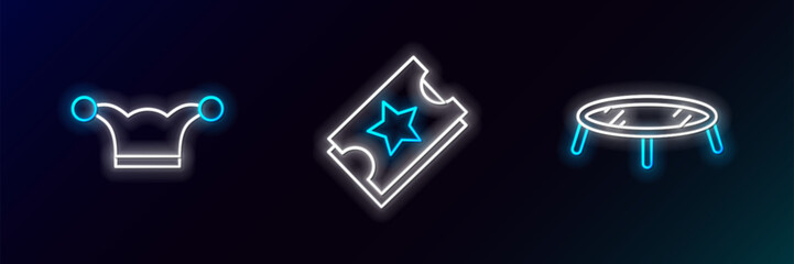 Set line Jumping trampoline, Jester hat with bells and Ticket icon. Glowing neon. Vector