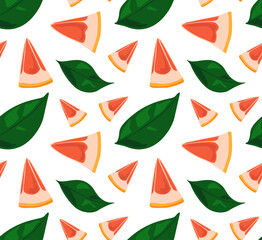 Triangular slices of grapefruit with green leaves. Bright and modern pattern. Seamless pattern in vector. Suitable for prints and backgrounds.