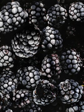 Vertical closeup shot of details on frozen blackberries