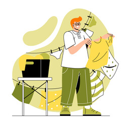 Man doing housework. Young guy hangs out his clothes to dry. Housework and routine. Rope with clothespins with underwear and yellow tshirt. Cartoon flat vector illustration