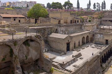 Ruins of an ancient city destroyed by the eruption of the volcano Vesuvius in 79 AD near Naples, Herculaneum, Italy.