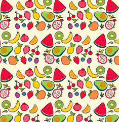 Exotic fruit seamless pattern. Vector style, repeat background for colorful fruits.
