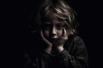 Obraz premium Portrait of a sad thoughtful boy hands on face sitting in dark room, generative ai
