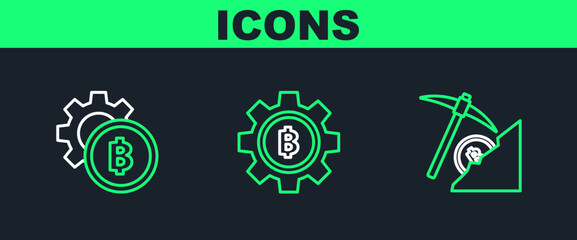 Set line Cryptocurrency cloud mining, coin Bitcoin and icon. Vector