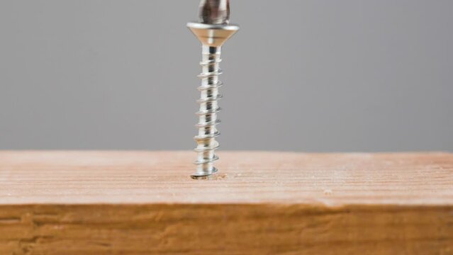 tightening screw with screw driver on wooden board