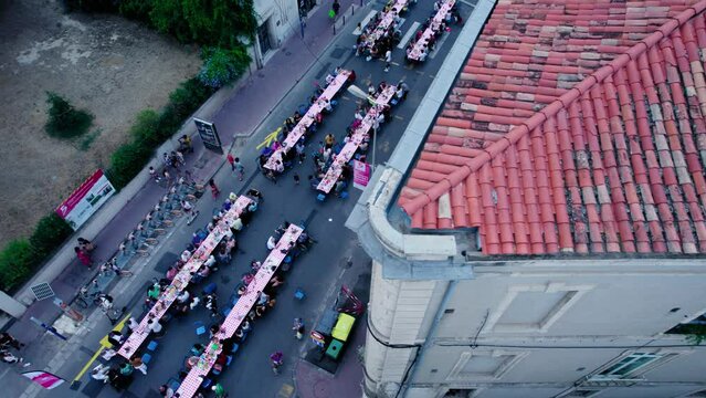 Aerial revealing shot of residents making use of les dimanches de respiration in Montpellier
