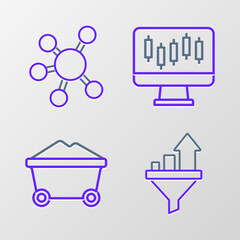 Set line Sales funnel with chart, Coal mine trolley, Stocks market growth graphs and Project team base icon. Vector