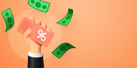 3D hand holds a coupon with percentages for discounts and sales of goods and falling money.