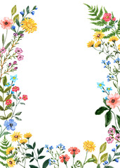 Oval-shaped wildflower frame. Watercolor floral wreath made of summer colorful flowers and green leave. Card with space for text. - obrazy, fototapety, plakaty