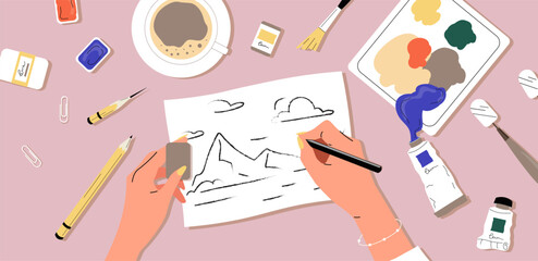 Painter drawing picture. Top view of womans hands drawing sketch with pencil on white sheet of paper. Creativity and art. Workshop training and education. Cartoon flat vector illustration