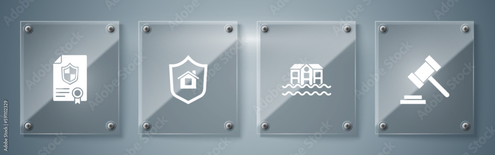 Poster Set Judge gavel, House flood, with shield and Contract. Square glass panels. Vector