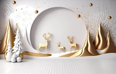 Area for celebrating Christmas or New Year. Trees, golden deer. christmas decor. White-gold color. Generative AI