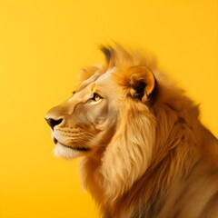 Fototapeta premium closeup lion isolated on yellow studio background, made with generative ai