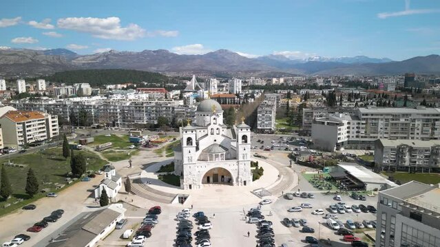 Cinematic Drone Flight Above Orthodox Church in Podgorica, Montenegro