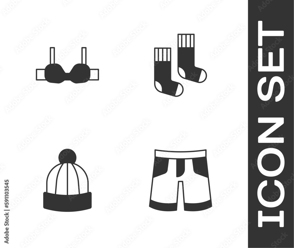 Poster Set Short or pants, Bra, Winter hat and Socks icon. Vector