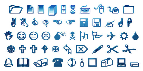 Set of symbols and icons isolated on transparent background. Blue 3D icon set.