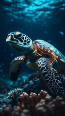 Fototapeta premium close up sea turtle swimming majestically underwater, made with generative ai