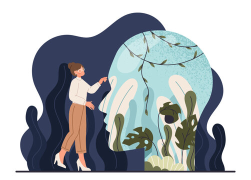 Searching for belief. Woman standing next to abstract head silhouette. Mindfulness and mental health. Self discovery and finding values, inner exploration. Cartoon flat vector illustration