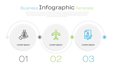 Set line Money in hand, Plane and Document with shield. Business infographic template. Vector