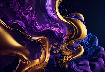 Fototapeta na wymiar Abstract Design Banner. Liquid Swirls in Beautiful Purple and Blue colors, with Gold Glitter. Generative AI