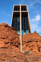 Fototapeta na wymiar Vertical shot of the Chapel of the Holy Cross. Sedona, Arizona, United States.