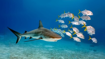 Image of a single Bull shark  and smal fishes swimming in the water.