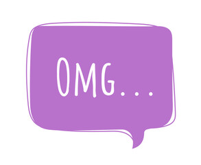 Speech bubble OMG. Violet square cloud with inscription. Surprise and shock. Design element for comics, dialogue. Poster or banner for website. Cartoon flat vector illustration