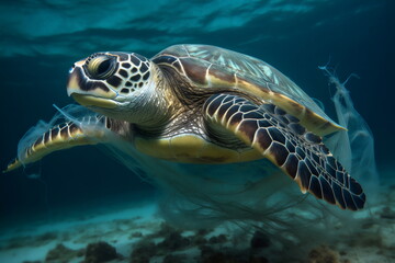 a sea turtle caught in plastic underwater, made with generative ai