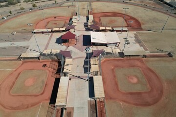 Top aerial scenic sunny view over Arizona baseball fields