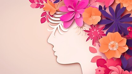Illustration of face and flowers in paper style generative ai