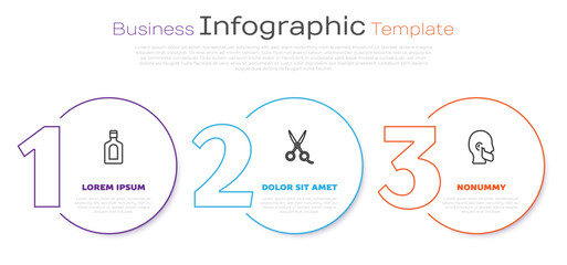 Set line Bottle of shampoo, Scissors hairdresser and Mustache and beard. Business infographic template. Vector