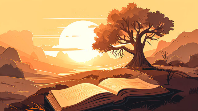 Creative illustration with open book bible, generative AI.