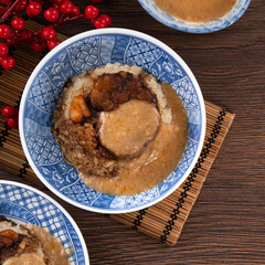 Migao, tube rice cake, rice pudding in a bowl, delicious Taiwanese street food.