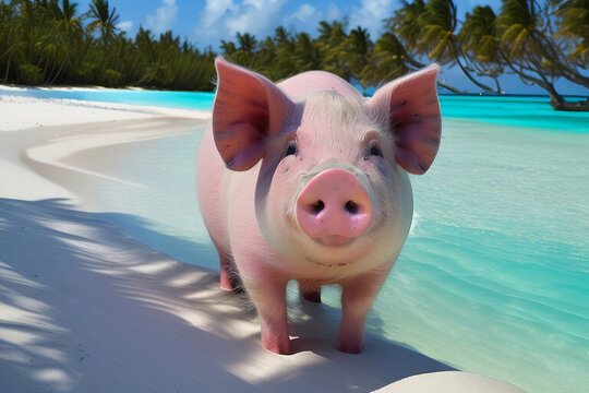 Floating tame pigs on a white sand beach. 
A trip to the Bahamas. Exuma pig beach.
Generative AI.