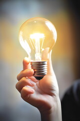 hand holding lit lightbulb having an idea, made with generative ai